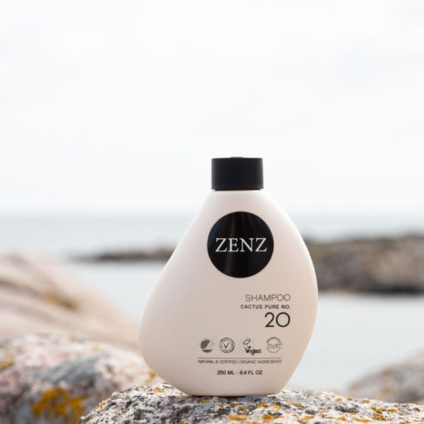 Hypoallergeniskt och vårdande schampo, på en sten, med kaktus för normalt, torrt och lockigt hår.  | ZENZ Organic